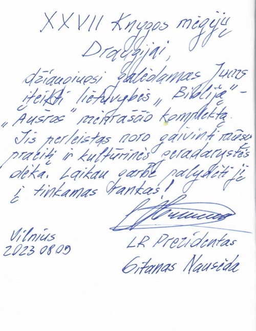 J.E. Prezidento, Draugijos Garbės nario dr. Gitano Nausėdos dedikacija Aušros leidiinyje